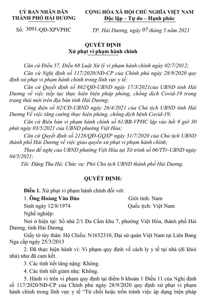 Hải Dương: Không tuân thủ cách ly tại nhà bị phạt 7,5 triệu đồng - Ảnh 1. Hải Dương: Không tuân thủ cách ly tại nhà bị phạt 7,5 triệu đồng - Ảnh 1.