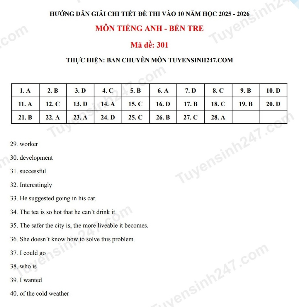 Đáp án tất cả các môn thi vào lớp 10 năm 2025 của tỉnh Bến Tre - 4 Đáp án tất cả các môn thi vào lớp 10 năm 2025 của tỉnh Bến Tre - 4