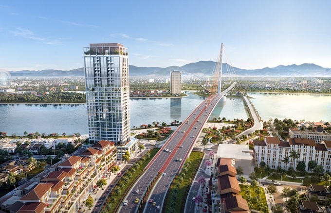 Sun Cosmo Residence Da Nang tọa lạc trên quỹ đất hiếm hoi ven sông Hàn. Ảnh phối cảnh minh họa.