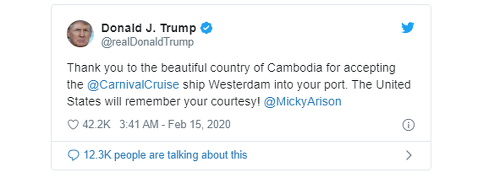 Ông Trump cảm ơn Campuchia vì tiếp nhận du thuyền bị các nước “hắt hủi” - 2 Ông Trump cảm ơn Campuchia vì tiếp nhận du thuyền bị các nước “hắt hủi” - 2