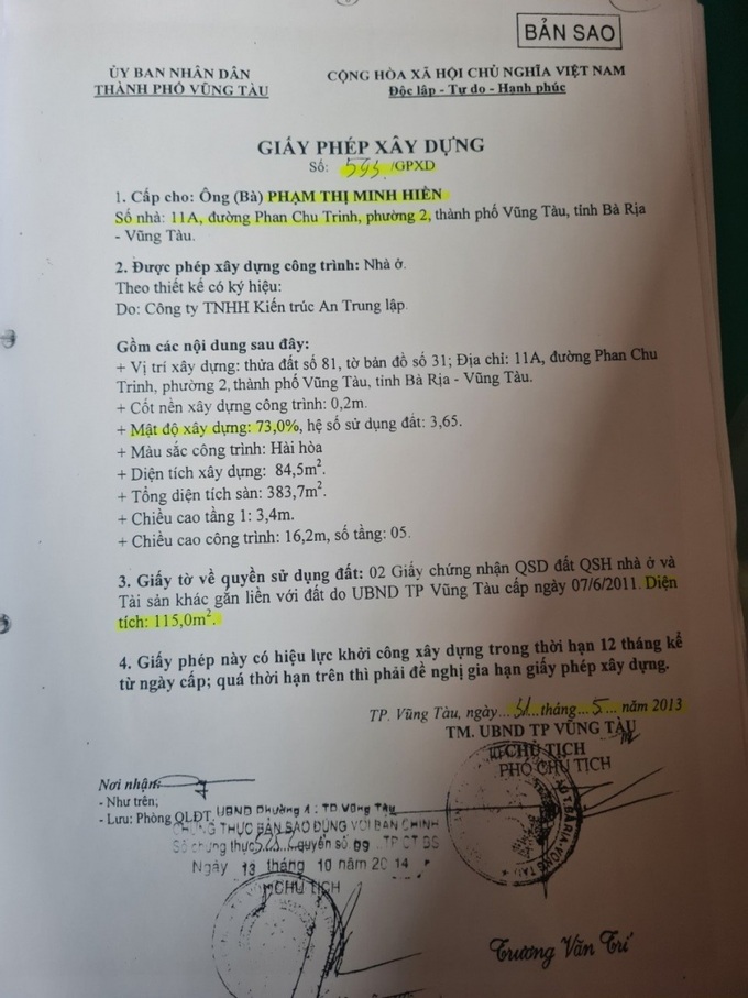 Giấy phép xây dựng mà UBND TP Vũng Tàu cấp cho bà Hiền cũng xác định diện tích khu đất được cấp phép là 115m2