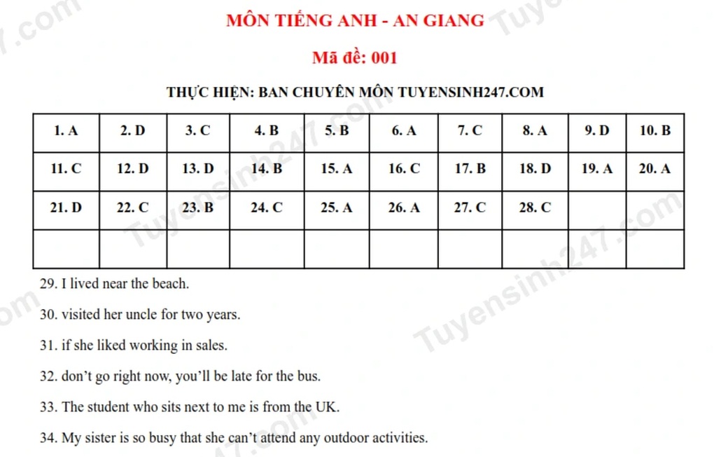 Đề thi và đáp án môn tiếng Anh vào lớp 10 tỉnh An Giang năm 2025 - 3 Đề thi và đáp án môn tiếng Anh vào lớp 10 tỉnh An Giang năm 2025 - 3
