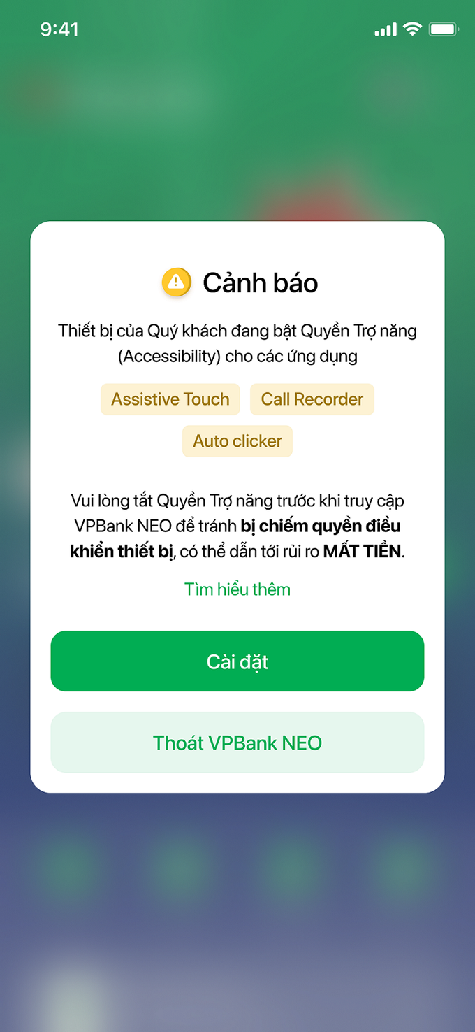 Màn hình cảnh báo của VPBank, tên ứng dụng sẽ thay đổi tương ứng với từng thiết bị nhận được cảnh báo.