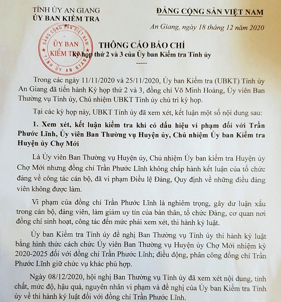Cách chức Chủ nhiệm Ủy ban Kiểm tra huyện Chợ Mới - 1 Cách chức Chủ nhiệm Ủy ban Kiểm tra huyện Chợ Mới - 1