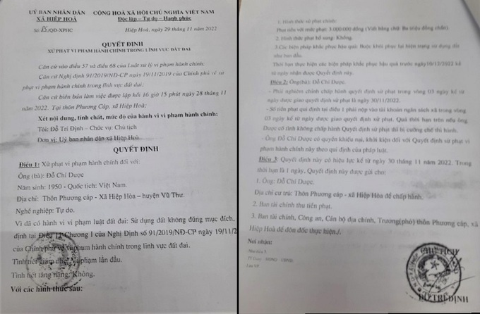 Quyết định xử phạt vi phạm hành chính đối với hộ gia đình ông Đỗ Trí Dược.