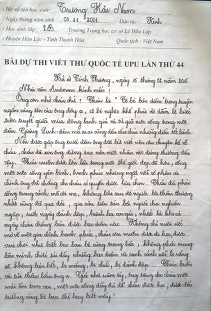Nam sinh xứ Thanh giành giải Nhất cuộc thi UPU quốc gia