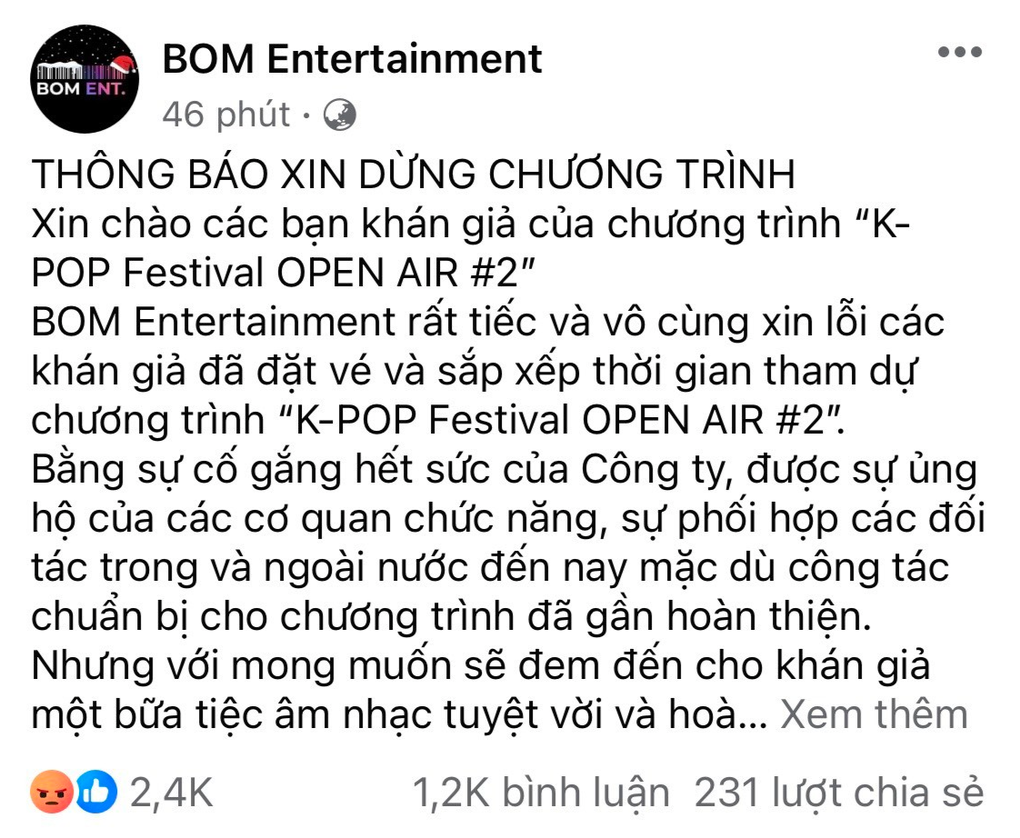 Khoảng 14h chiều 22/12, đơn vị tổ chức Việt Nam mới đưa ra thông tin dừng chương trình (Ảnh: Chụp màn hình).