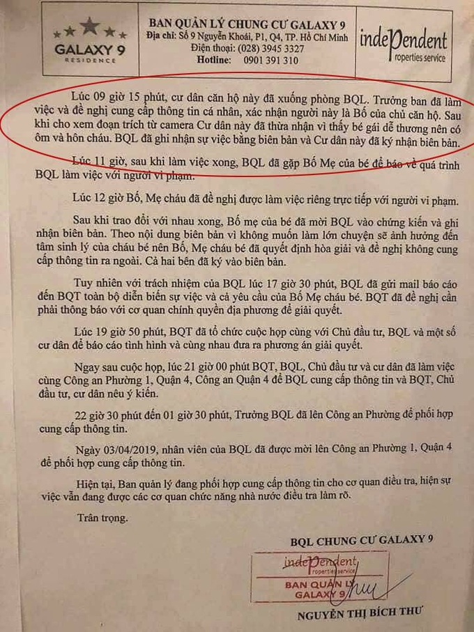 BQL chung cư ra thông báo vụ bé gái nghi bị sàm sỡ: Ông Linh nói bé gái dễ thương nên đến ôm, hôn trong thang máy - Ảnh 2. BQL chung cư ra thông báo vụ bé gái nghi bị sàm sỡ: Ông Linh nói bé gái dễ thương nên đến ôm, hôn trong thang máy - Ảnh 2.