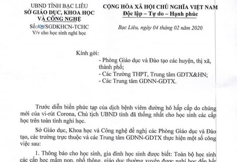 Bạc Liêu cho học sinh nghỉ học để phòng, chống virus Corona - 1 Bạc Liêu cho học sinh nghỉ học để phòng, chống virus Corona - 1