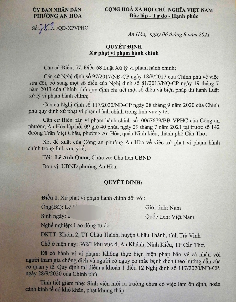 Cần Thơ: Vụ nam sinh đi rút tiền vi phạm giãn cách bị phạt 1 triệu đồng - 1 Cần Thơ: Vụ nam sinh đi rút tiền vi phạm giãn cách bị phạt 1 triệu đồng - 1