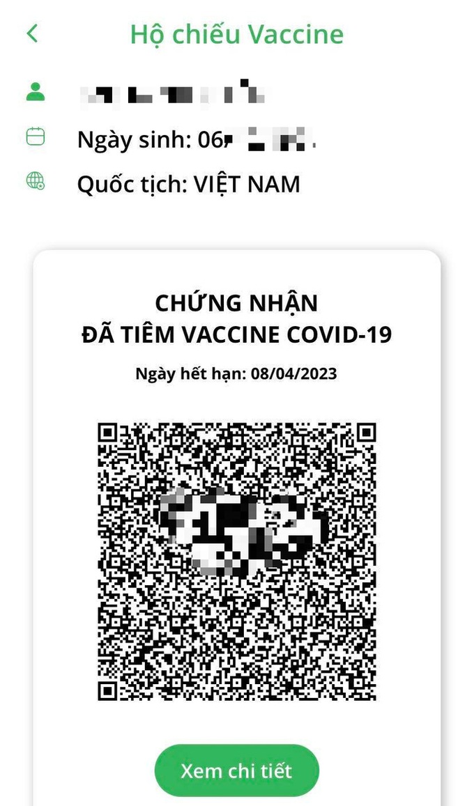 Hộ chiếu vắc-xin của người dân được hiển thị trên ứng dụng PC-Covid.

