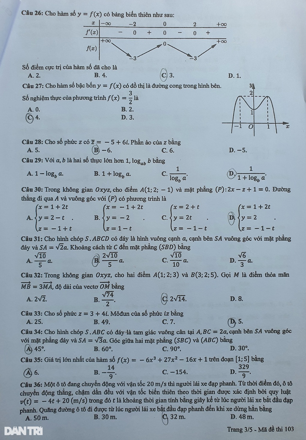 Gợi ý đáp án môn toán mã đề 101, 102, 103, 104, 105, 106, 107, 108 - 11