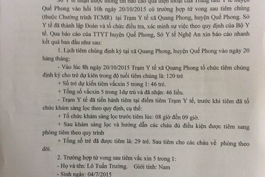 Vụ trẻ tử vong ngay sau tiêm vắc xin: Đã cấp cứu theo phác đồ chống sốc phản vệ