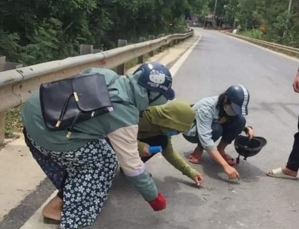 Nhóm học sinh nhặt đinh rơi vãi trên đường giữa trời nắng như đổ lửa - 1 Nhóm học sinh nhặt đinh rơi vãi trên đường giữa trời nắng như đổ lửa - 1