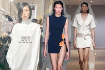 Phương Oanh bật khóc khi trình diễn thiết kế in chữ tiếng Việt tại Mỹ