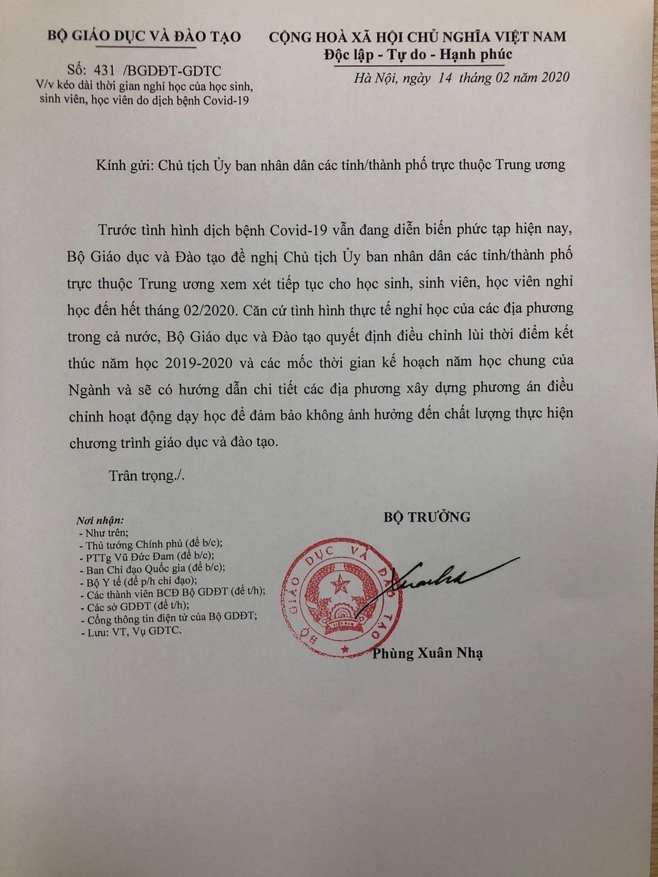 Bộ Giáo dục đề nghị các tỉnh xem xét cho học sinh nghỉ đến hết tháng 2/2020 - 1 Bộ Giáo dục đề nghị các tỉnh xem xét cho học sinh nghỉ đến hết tháng 2/2020 - 1