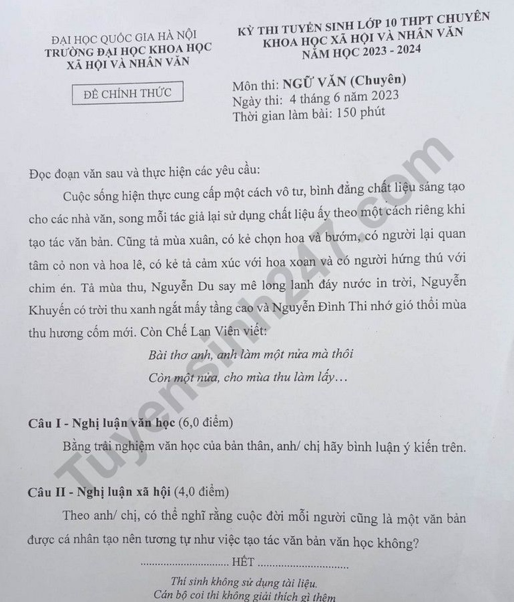 Đề thi chuyên văn vào lớp 10 Trường Chuyên Khoa học Xã hội và Nhân văn - 1 Đề thi chuyên văn vào lớp 10 Trường Chuyên Khoa học Xã hội và Nhân văn - 1