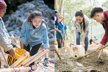 Hoa hậu Lương Thùy Linh vất vả vác vật liệu lên núi làm đường