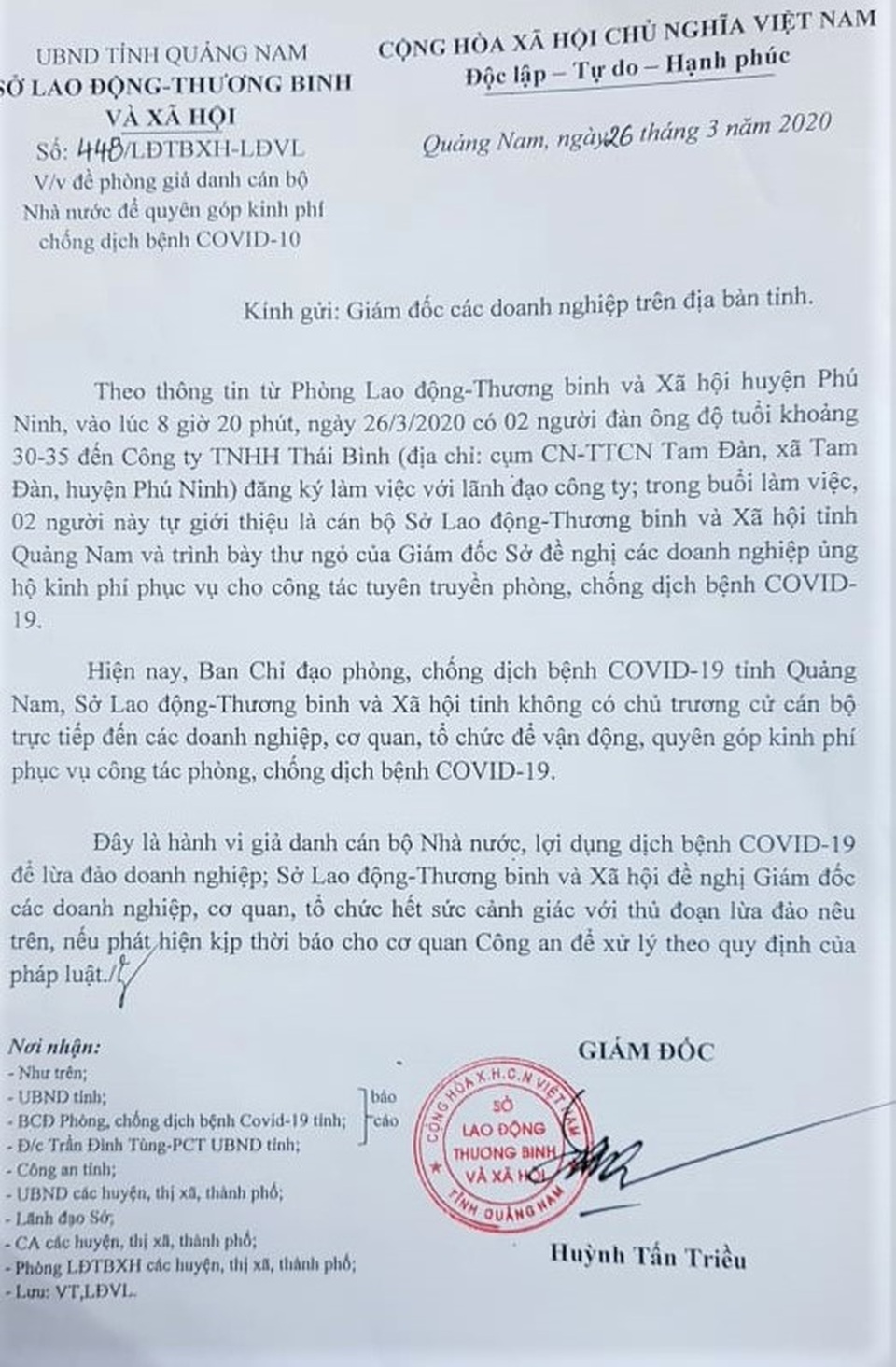 Xuất hiện đối tượng giả danh cán bộ vận động kinh phí chống dịch Covid-19 - 1 Xuất hiện đối tượng giả danh cán bộ vận động kinh phí chống dịch Covid-19 - 1