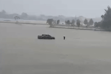 Thót tim cảnh người dẫn đường cho xe bán tải "bơi" qua biển nước