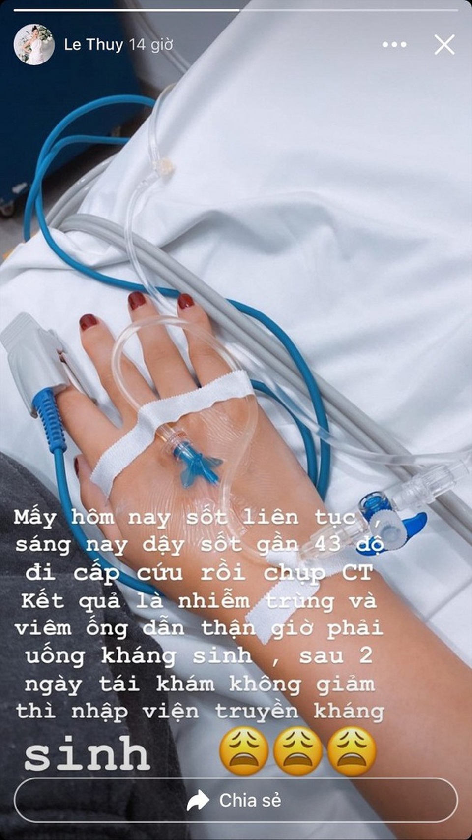 Lê Thúy: “Sáng nay xét nghiệm lại, vẫn còn nhiễm trùng trong máu” - 1 Lê Thúy: “Sáng nay xét nghiệm lại, vẫn còn nhiễm trùng trong máu” - 1