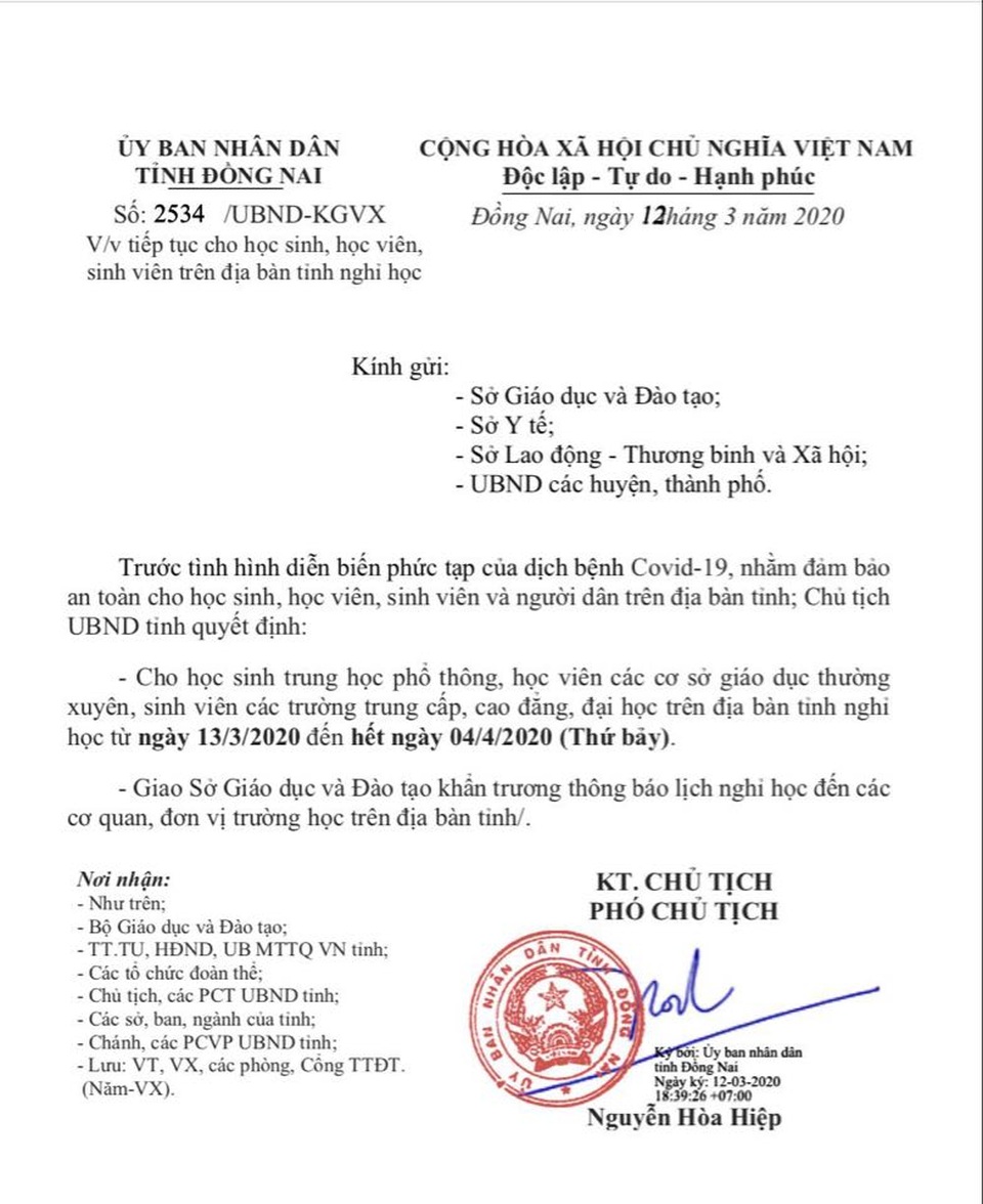 Toàn bộ HS, SV ở Đồng Nai nghỉ học đến hết ngày 4/4 - 1 Toàn bộ HS, SV ở Đồng Nai nghỉ học đến hết ngày 4/4 - 1