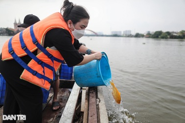 Người dân thuê thuyền ra giữa sông Sài Gòn thả cá tiễn ông Táo