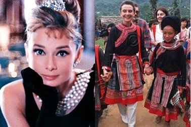 Hình ảnh minh tinh Audrey Hepburn đến Việt Nam và mặc váy thổ cẩm