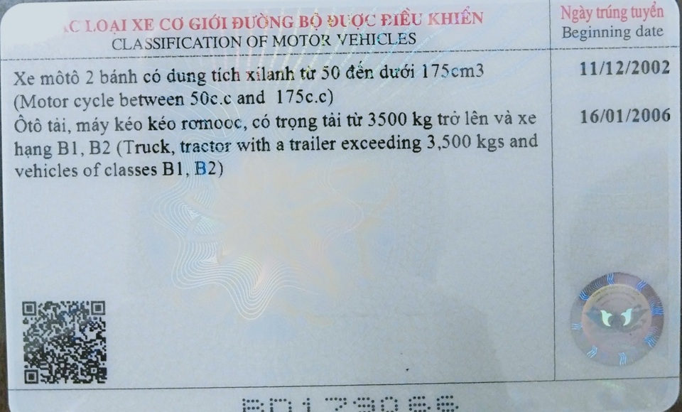 Việt Nam sử dụng mẫu Giấy phép lái xe mới in mã quét QR - 1 Việt Nam sử dụng mẫu Giấy phép lái xe mới in mã quét QR - 1