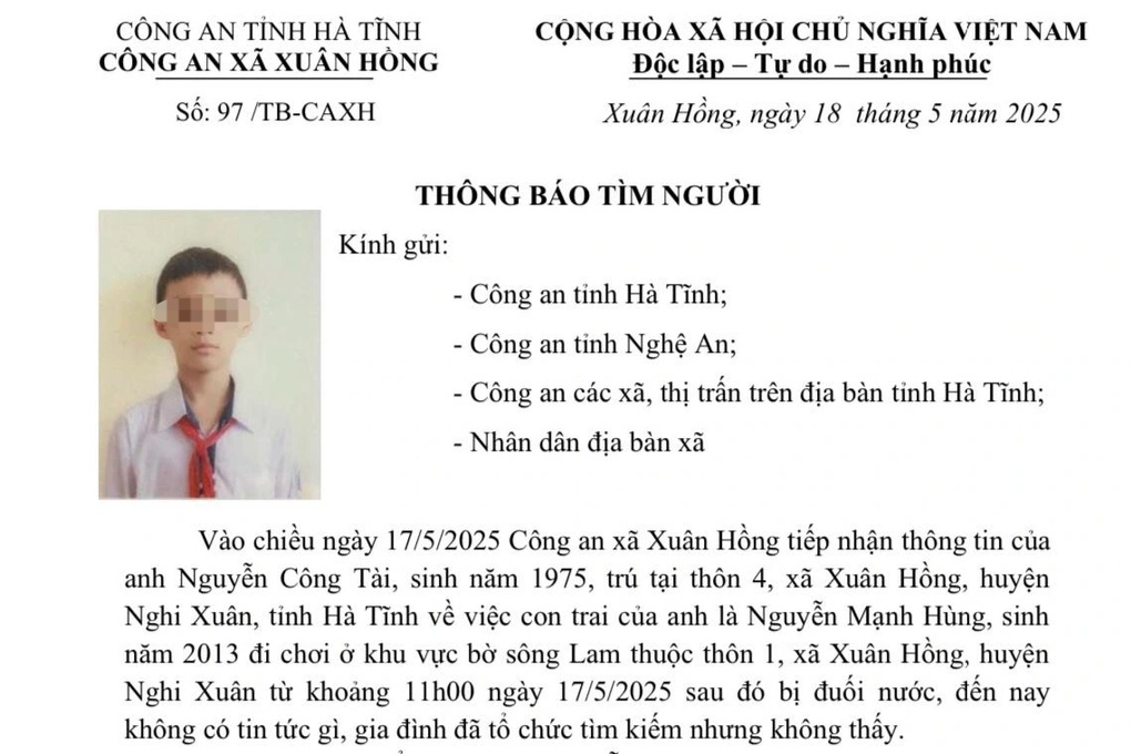 Nam sinh lớp 6 mất tích khi đi chơi, công an thông báo tìm kiếm - 1 Nam sinh lớp 6 mất tích khi đi chơi, công an thông báo tìm kiếm - 1