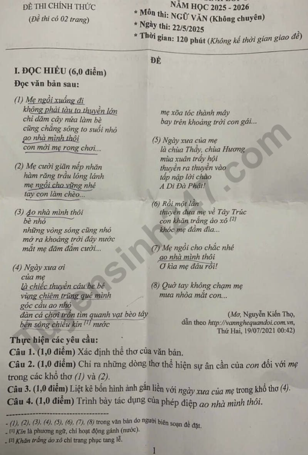 Tỉnh đầu tiên thi lớp 10, đề và đáp án môn ngữ văn - 1 Tỉnh đầu tiên thi lớp 10, đề và đáp án môn ngữ văn - 1