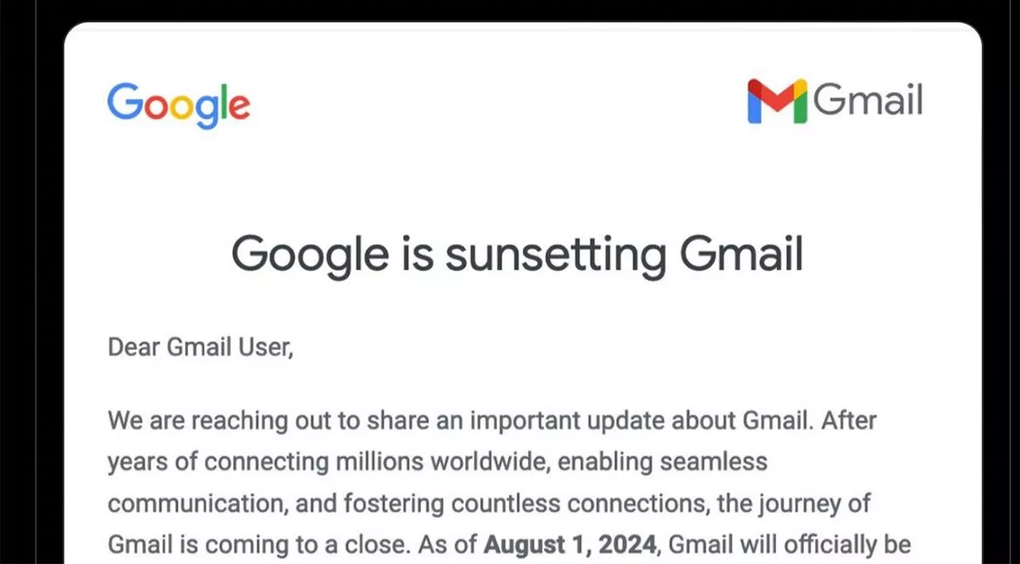 Hình ảnh được cư dân mạng chia sẻ với nội dung Gmail sẽ bị đóng cửa vào ngày 1/8 (Ảnh: Twitter).