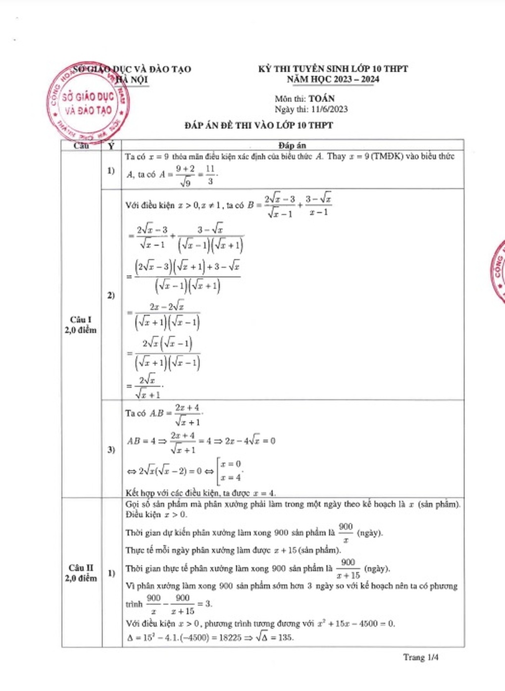 Đáp án chính thức các môn toán, ngữ văn, ngoại ngữ vào lớp 10 Hà Nội - 1 Đáp án chính thức các môn toán, ngữ văn, ngoại ngữ vào lớp 10 Hà Nội - 1