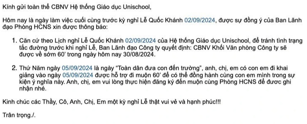 Công ty ở Hà Nội cho nhân viên nghỉ lễ 2/9 sớm, đi muộn ngày khai giảng - 1