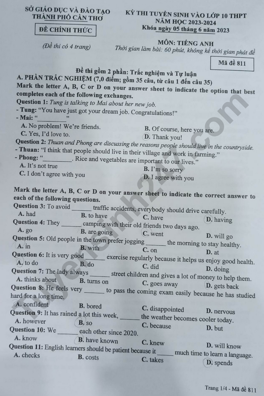 Đáp án đầy đủ môn tiếng Anh thi vào lớp 10 TP Cần Thơ - 2 Đáp án đầy đủ môn tiếng Anh thi vào lớp 10 TP Cần Thơ - 2
