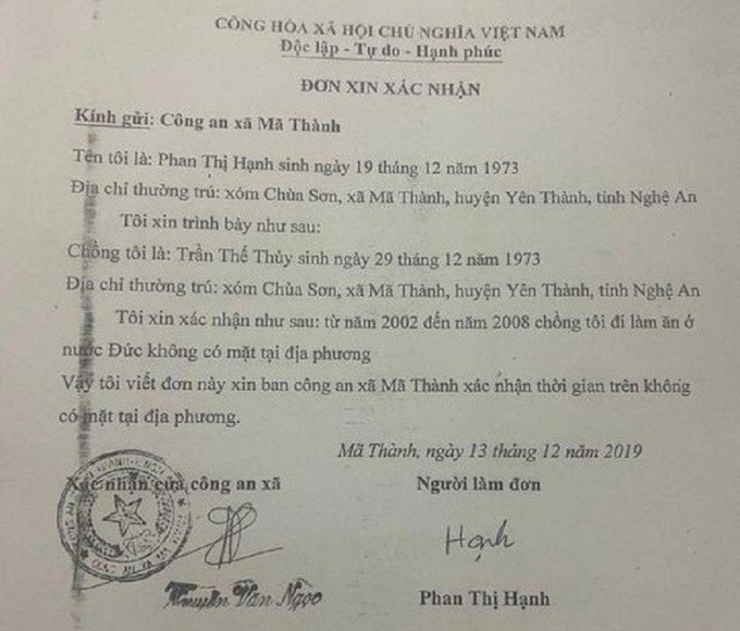  văn bản xác nhận của UBND xã Mã Thành về việc anh Thủy vắng mặt từ 2002-2008.
