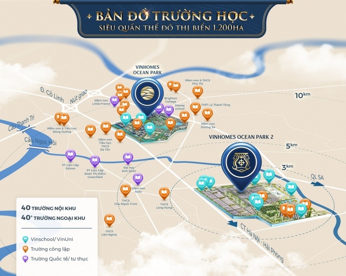 “Bản đồ giáo dục” với hơn 80 trường học trong nội khu và kế cận dự án Vinhomes Ocean Park 2 – The Empire.