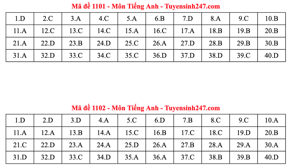 Gợi ý đáp án tiếng Anh thi tốt nghiệp 2025: Mã đề từ 1101 đến 1116 - 1 Gợi ý đáp án tiếng Anh thi tốt nghiệp 2025: Mã đề từ 1101 đến 1116 - 1
