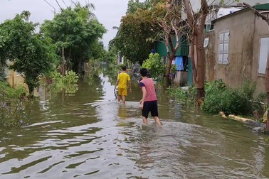 Người dân Đông Vĩnh bì bõm trong biển nước.