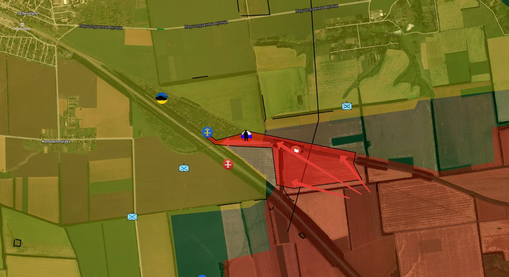 Bản đồ chiến sự Ukraine tại Ocheretyne, bắc Avdiivka ngày 14/4. Trong đó, Nga kiểm soát phần màu nâu, các mũi tên đỏ thể hiện hướng tấn công của họ, những khu vực cắm cờ là nơi lực lượng Moscow đã giành được (Ảnh: Military Summary).