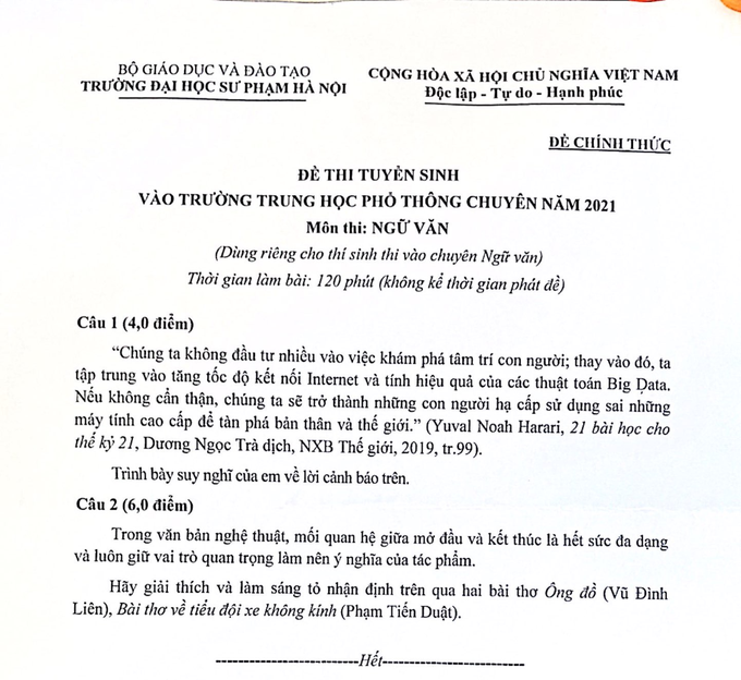 Nhận định về đề thi môn Ngữ văn chuyên đại học Sư phạm năm 2021 - Ảnh 3.