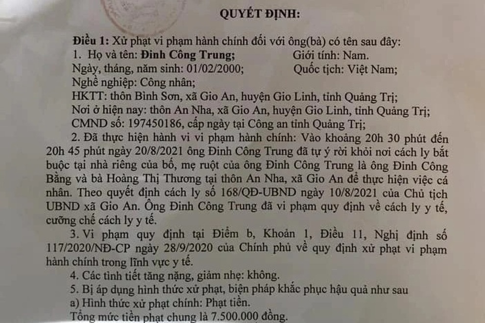 Rời khỏi nhà 15 phút, nam thanh niên ở Quảng Trị bị xử phạt 7,5 triệu đồng - 1 Rời khỏi nhà 15 phút, nam thanh niên ở Quảng Trị bị xử phạt 7,5 triệu đồng - 1
