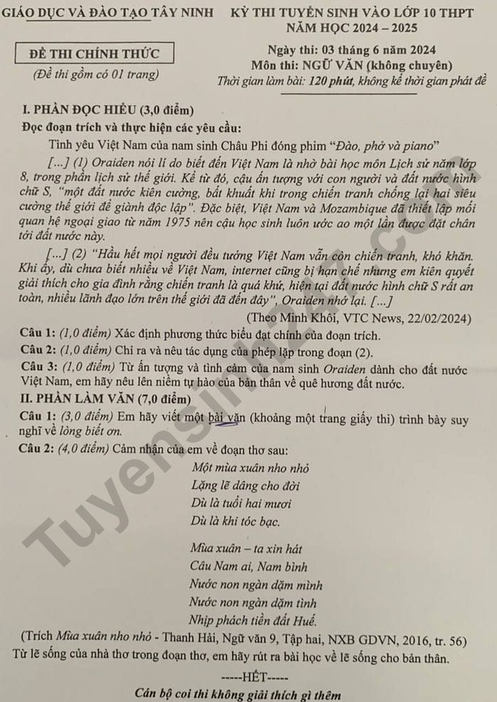 Đề thi và đáp án tất cả các môn thi vào lớp 10 năm 2024 tỉnh Tây Ninh - 2