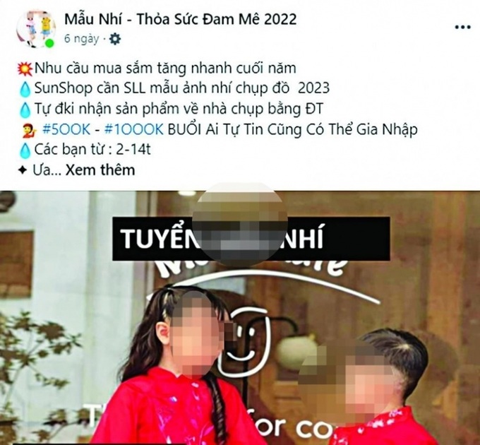 Một trang mạng đăng quảng cáo tuyển mẫu nhí. Ảnh: CACC