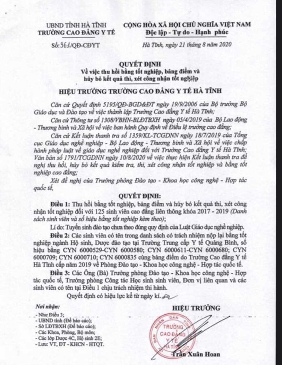 Trường Cao đẳng Y tế Hà Tĩnh xin không thu hồi bằng của 125 học viên - 2 Trường Cao đẳng Y tế Hà Tĩnh xin không thu hồi bằng của 125 học viên - 2