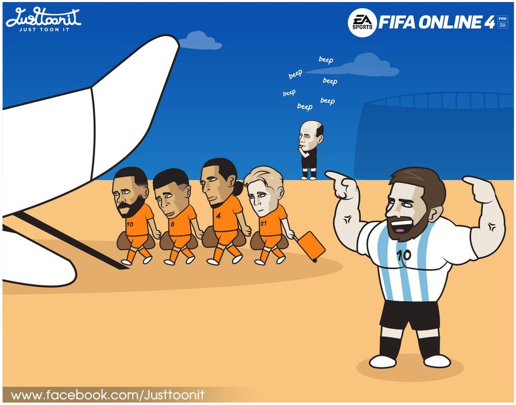 Messi hóa người khổng lồ giúp Argentina đánh bại Hà Lan trong một trận đấu có rất nhiều thẻ vàng (Ảnh: Just Toon It). Messi hóa người khổng lồ giúp Argentina đánh bại Hà Lan trong một trận đấu có rất nhiều thẻ vàng (Ảnh: Just Toon It).