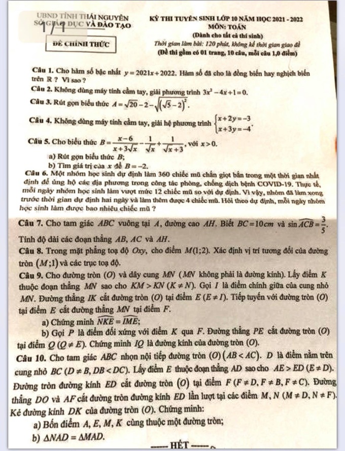 Gợi ý đáp án môn Toán thi vào lớp 10 THPT năm 2021 tỉnh  Thái Nguyên - Ảnh 1.