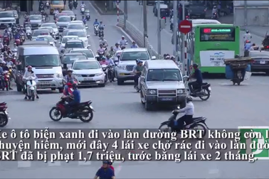 Nhiều xe biển xanh ngang nhiên đi vào đường xe buýt nhanh BRT