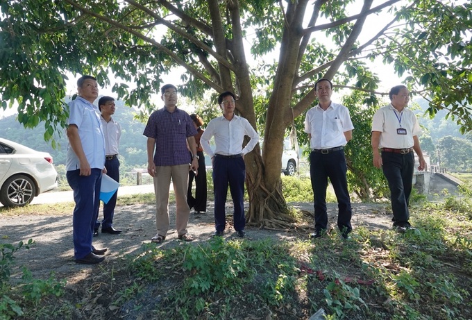 Ông Nguyễn Văn Khiên, Chủ tịch UBND xã Cao Dương (áo tím) cùng đoàn công tác đang thị sát những vùng còn ngập lụt.