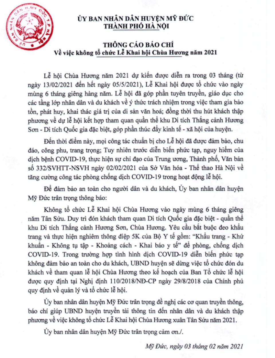 Hà Nội: Không tổ chức lễ khai hội chùa Hương 2021 - 2 Hà Nội: Không tổ chức lễ khai hội chùa Hương 2021 - 2